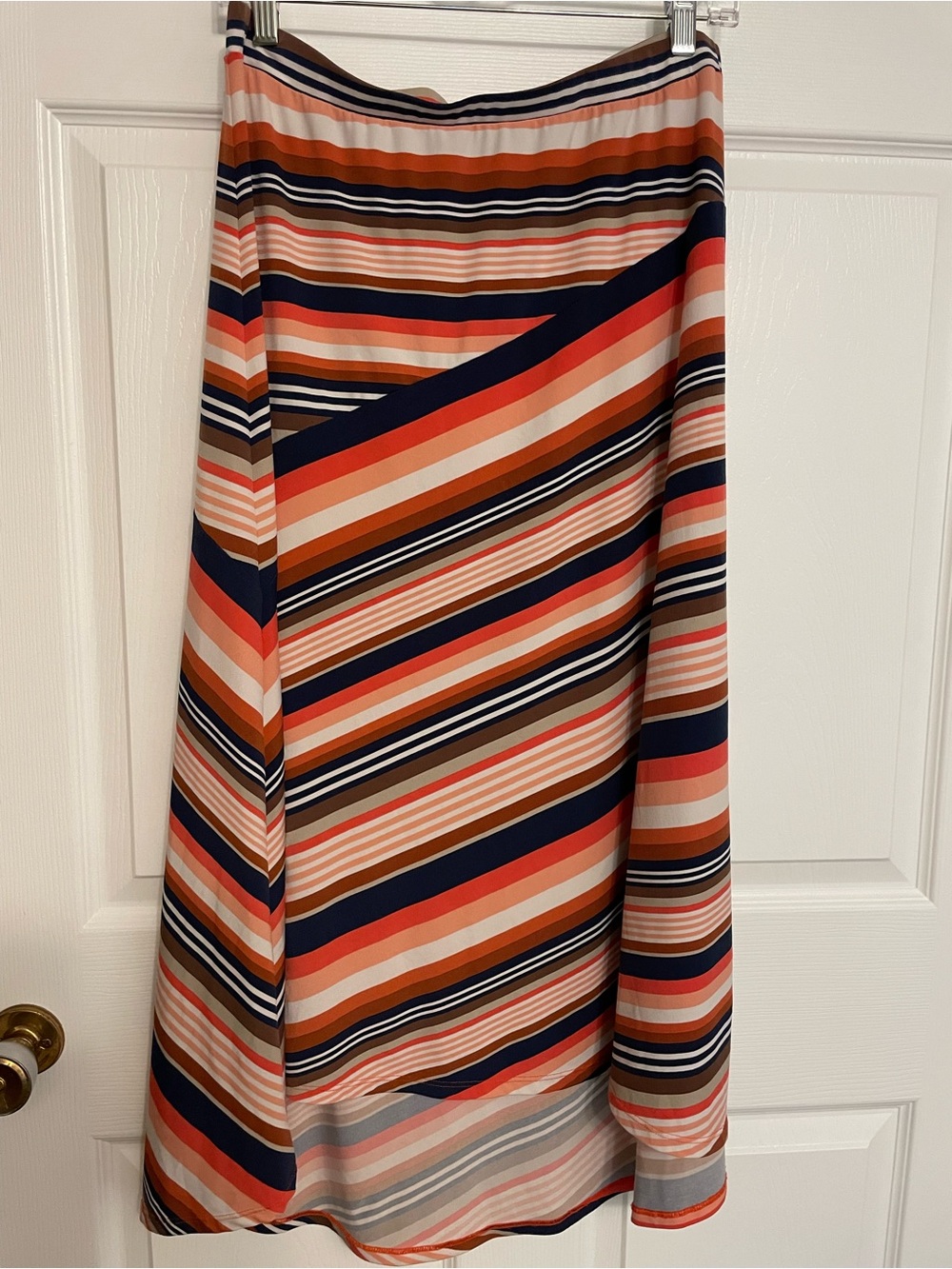 Preston & York Striped Midi Skirt in Navy, Coral, Cream & Brown